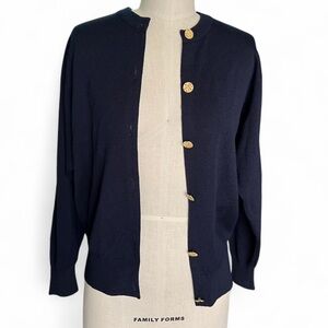Vintage Ballantyne Navy Merino 2000 Wool Cardigan with Gold Buttons Medium EVC
